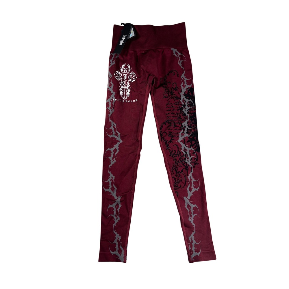 Civil Regime Womens Gothic Graphic High Waisted Seamless Leggings Burgundy Small